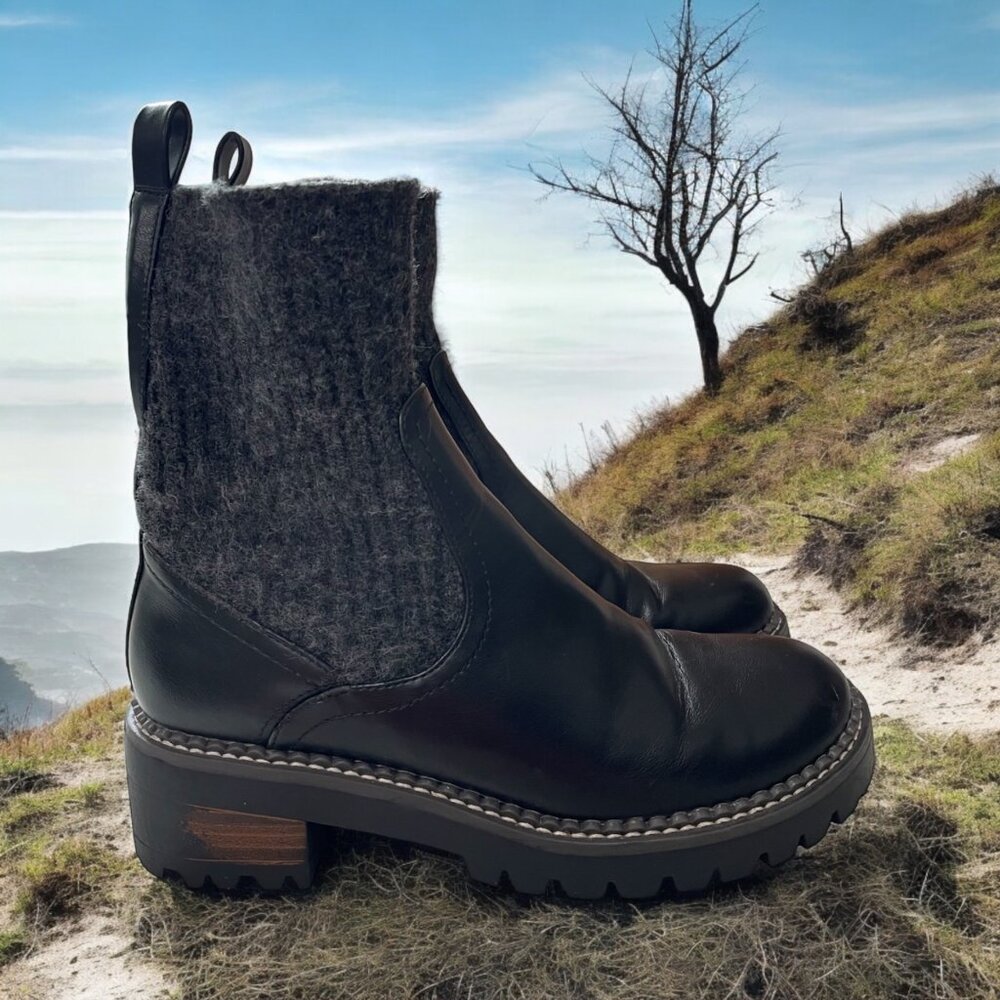 Womens Sz 6‎ Black Leather and Knit Ankle Boots Rugged Chic Edgy Gorpcore Grunge
